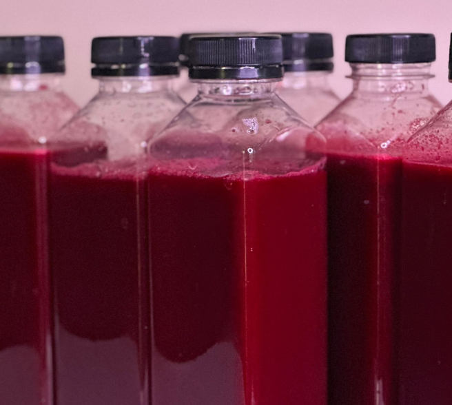 Red juice in bottles