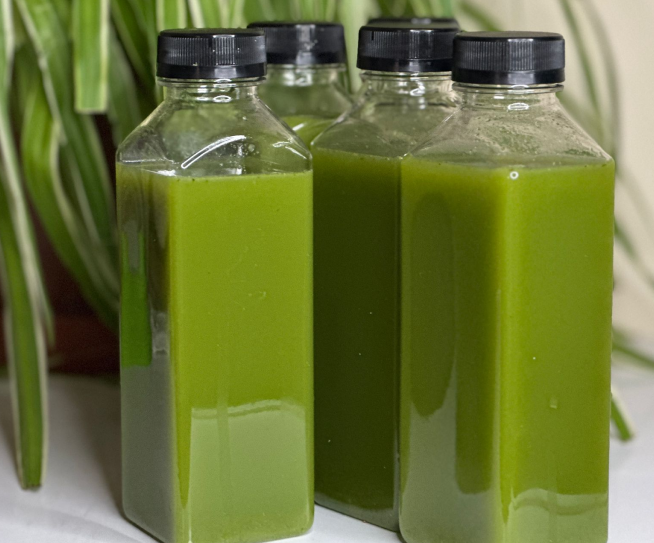 Green juice in bottles